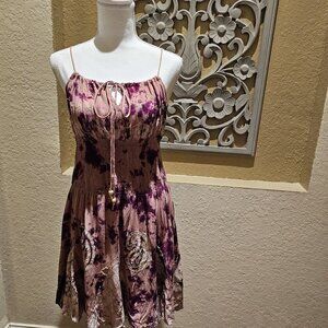 Fashion Terminal Tie-Dye Boho Spaghetti Strap Sundress W Embroidered Details S